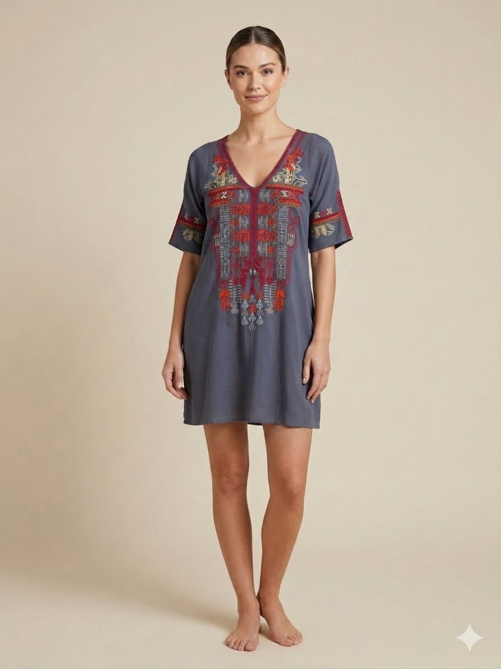 Johnny Was Navy Tunic with Red and Gold Embroidery